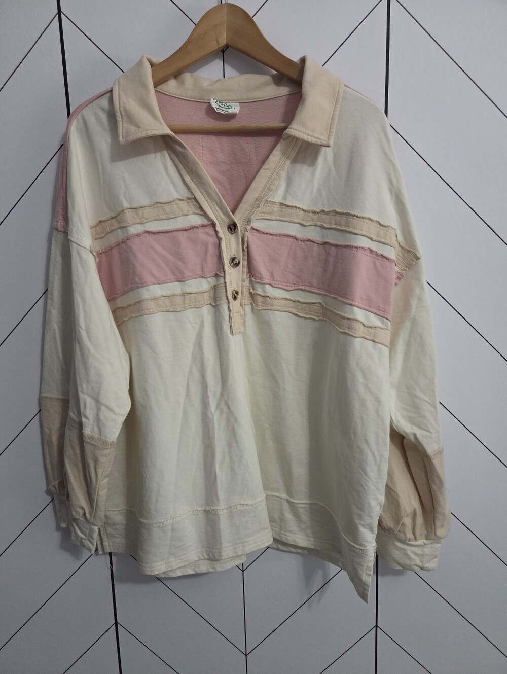 New'm Cotton Color Block Oversized Knit Polo Pullover Top Pastels, Plus 1X